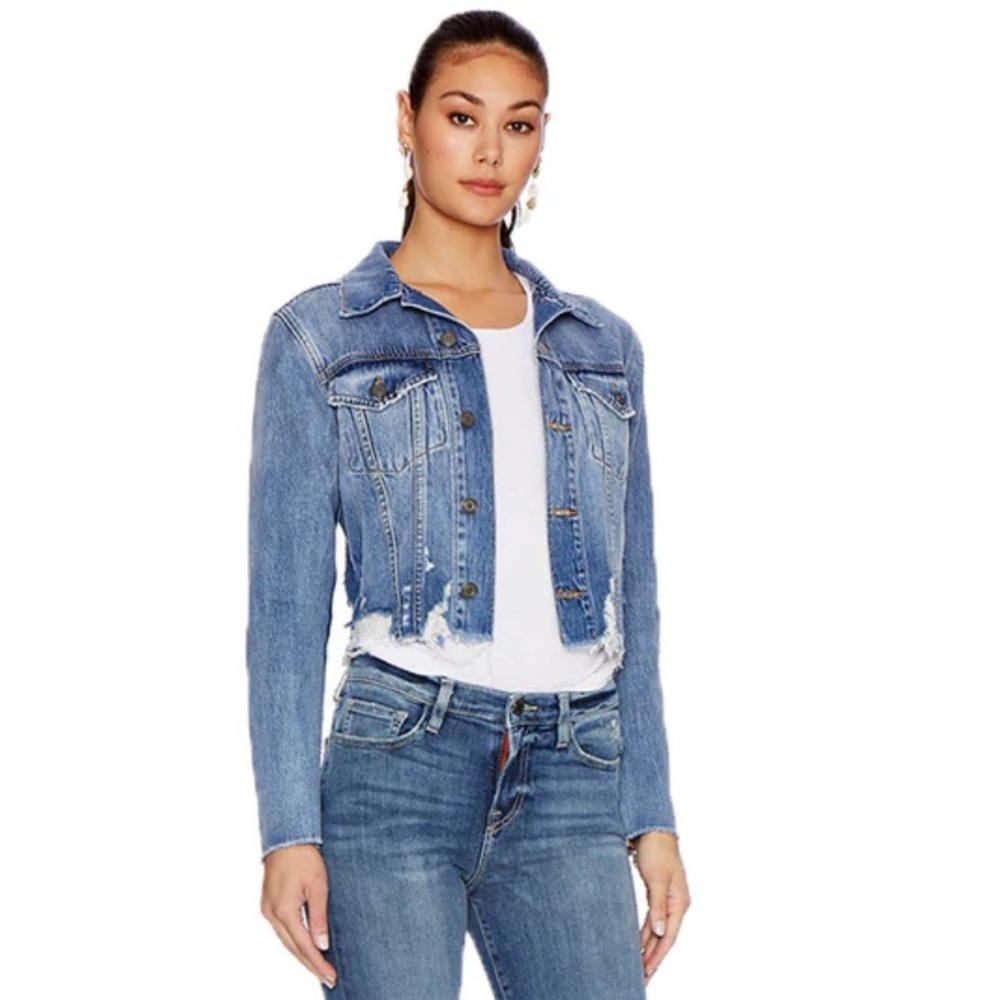 Etienne Marcel Denim Zipper Sleeve Distressed Cotton Cropped Jean Jacket EUC XS